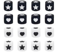 SOFPLATE 1 boîte de 40 pièces de 4 Styles de Perles en Silicone en Forme de Cœur Perles Focales Noires et Blanches de 12mm Cube en Caoutchouc Souple Perles Carrées en Silicone pour L'Artisanat Bricol