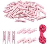 SOFPLATE 1 boîte de 50 mini Pinces à Linge en Bois Rose de 1.76 Pouce avec Ficelle Pinces à Linge Rustiques avec Ressort en Métal pour Suspendre des Photos Bricolage Décoration de Fête Fermeture de Sa
