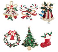 SOFPLATE 1 boîte de 6 broches de Sapin de Noël 6 styles Strass Colorés Couronne en Alliage Émaillé Canne à Sucre Brillante Cristal D'Hiver Étiquette en Métal Broches pour Robe Chapeaux Écharpes Sacs D
