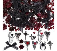 SOFPLATE 1 boîte de 70 breloques Gothiques pour Ongles Décorations D'Ongles Halloween 3D Croix Lune Étoile Cœur Araignée Pierres Précieuses Fleurs en Résine Nœuds en Velours Strass à Dos Plat Accessoi