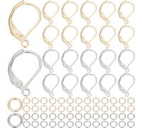 SOFPLATE 1 boîte de 80 crochets de Boucles D'Oreilles à Levier Dorés en Acier Inoxydable en Vrac Argent avec 100 anneaux Ouverts Crochets de Boucles D'Oreilles Huggie Plaqués Or Véritable 24 carats Fr