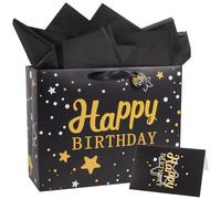SOFPLATE 1 lot de Sacs Cadeaux D'Anniversaire Noirs avec Papier de Soie Fourre Tout D'Anniversaire de 13x10 2x4 7cm de Large 1 cartes de Vœux Ciel Étoilé Poignées Rectangulaires 3 sacs Cadeaux en Papi