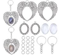 SOFPLATE 10 ensemble de Porte Clés à Breloques en Forme D'Aile D'Ange Porte Clés en Vrac Alliage Argenté Antique Style Tibétain Pendentif Vierge Ailes avec Cabochons en Verre Ensembles de Porte Clés F