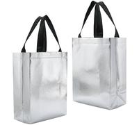 SOFPLATE 12 Petit Sac Fourre Tout Cadeau de 10 x 7.8 x 4cm Argenté Irisé Non Tissé avec Poignées Base Robuste Étanche Réutilisable Idéal pour Les Mariages Les Anniversaires et Les Achats.