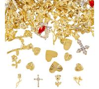 SOFPLATE 120 ensemble de Breloques pour Ongles Dorées 12 styles Bijoux pour Ongles Dorés 3D Petit Alliage Rétro Métallique Croix à Dos Plat avec Strass Cœur Brillant Rose Fleur Gemmes Design Artistiqu