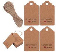 SOFPLATE 150 pièce D'Étiquettes Cadeaux Faites à la Main avec Amour Étiquettes D'Emballage de Cadeaux Papier Kraft Burlywood Rectangulaire Cœur Rouge Étiquettes Suspendues avec Ficelle de Jute de 66 p