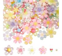 SOFPLATE 200 pièce 6 Styles Breloques en Forme de Fleur à Dos Plat Cabochons Kawaii en Résine Colorés Transparents Floraux Esthétiques Petits Dessins Animés Décorations pour Pinces à Cheveux Coque de