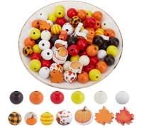 SOFPLATE 204 pièce de Perles en Bois pour Thanksgiving Perles en Bois D'Automne en Vrac Halloween Ferme Rustique Orange Automne Feuille D'Érable Ronde Perles à Carreaux en Forme de Citrouille pour gui