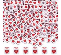 SOFPLATE 600 pièce de Perles Cubiques en Forme de Cœur en Vrac Perles Carrées en Acrylique de 7x7mm Blanc et Rouge Cœur d'amour 4mm Grand Trou Perles en Plastique pour Bracelets Colliers Porte Clés
