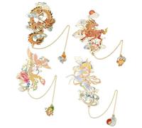 SOFPLATE Marque Pages Chinois en Métal Vintage avec Pendentif en Chaîne Dorée Motifs Montagnes et Mers Bêtes Sacrées Dragon Phénix Cerf Cheval Design Creux Marque Pages Rétro pour Adultes Amateurs de