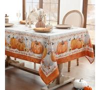 Softalker Nappe Automne Anti Taches rectangulaire 140x240 cm Rouge orangé Motif Blanche Jacquard avec Citrouille et Feuille d'érable Élégant Nappes pour décoration d'automne,Halloween,Cuisine,Salon