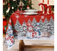 Softalker Nappe carrée de Noel 100x100 cm Rouge Nappes de noël Anti Tache avec élégant Bonhomme de Neige Blanc Flocon de Neige Blanc et décoration de Sapin de Noël pour Balcon,fête,Cuisine,Jardin