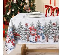 Softalker Nappe de Noel rectangulaire Anti Tache 180x140 cm Blanche Nappes noël avec Un Bonhomme de Neige Traditionnel des Flocons de Neige et Un Sapin de Noël pour Anniversaire,Jardin,Exterieur