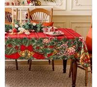 Softalker Nappe de Noël rectangulaire en polyester lavable Motif tartan rouge, cloches de Noël et bonbons pour salle à manger, fête, décoration de vacances, 152,4 x 305 cm