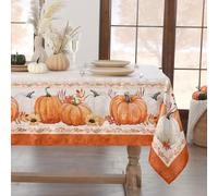 Softalker Nappe Grande Taille Automne 300x150 cm rectangulaire Rouge orangé Motif Élégant Blanche Jacquard avec Citrouille et Feuille d'érable Nappes Anti Tache pour Anniversaire,Jardin,Pique Nique