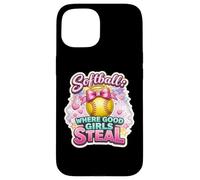 Softball Where Good Girls Steal Funny Player Cute Citation Joke Coque pour iPhone 15
