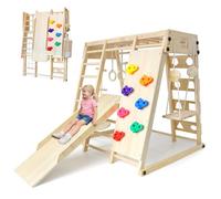 SOFTHOM Cadre d'escalade Montessori pour enfants à partir de 1 an - Pliable - En bois - Avec toboggan, balançoire et filet d'escalade - Kit d'escalade 9 en 1