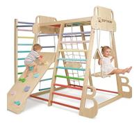SOFTHOM Maxi Aire de Jeux intérieure pour Enfants, 10 en 1 Montessori Ensemble d'escalade, Multifonctionnel Aire de Jeux d'escalade en Bois, Skateboard, Balançoire, Planche d'escalade, Sûr et Stable