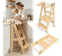 SOFTHOM Montessori Tour d Observation Pliable, Tour d'apprentissage à partir de 1 an, Rambarde de sécurité, Anti-basculement, Hauteur Réglable/Gagnez de l'espace, Sûr Stable Tabouret en Bois, Naturel