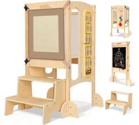SOFTHOM Montessori Tour d'apprentissage Pliable, Tour d Observation à partir de 1 an, Pré-assemblé/Gagnez de L'espace, Hauteur Réglable Tabouret Bois, Tableau Noir, Filet de Sécurité, Anti-Basculement