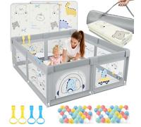 SOFTHOM Parc Bébé 120x120 avec Tapis, Parc Bebe Jusqu'à 40 KG, 300D Tissu Oxford/Ventouse Base/360° Filet Respirant, Sûr Centre d'Activités pour Enfants, 60Boules Océaniques/4 Poignées, Dinosaure gris