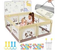 SOFTHOM Parc Bébé 120x120 avec Tapis, Parc Bebe Jusqu'à 40 KG, 300D Tissu Oxford/Ventouse Base/360° Filet Respirant, Sûr Centre d'Activités pour Enfants, 60Boules Océaniques/4 Poignées, Panda beige