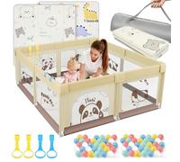 SOFTHOM Parc Bébé 150x150 avec Tapis, Parc Bebe Jusqu'à 40 KG, 300D Tissu Oxford/Ventouse Base/360° Filet Respirant, Sûr Centre d'Activités pour Enfants, 60Boules Océaniques/4 Poignées, Panda beige