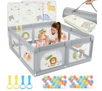 SOFTHOM Parc Bébé 150x150 avec Tapis, Parc Bebe Jusqu'à 40 KG, 300D Tissu Oxford/Ventouse Base/360° Filet Respirant, Sûr Centre d'Activités pour Enfants, 60Boules Océaniques/4 Poignées, Lion Gris