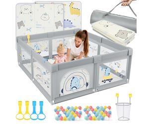SOFTHOM Parc Bébé 150x150 avec Tapis, Parc Bebe Jusqu'à 40 KG, 300D Tissu Oxford/Ventouse Base/360° Filet Respirant, Sûr Centre d'Activités pour Enfants, 60Boules Océaniques/4 Poignées, Dinosaure gris