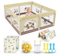 SOFTHOM Parc Bébé 150x180 avec Tapis, Jusqu'à 40 KG, Parc Bebe 360° Filet Respirant, 210D Tissu Oxford/Ventouse Base, Sûr Centre d'Activités pour Enfants, 60Boules Océaniques/4Poignées, Panda beige