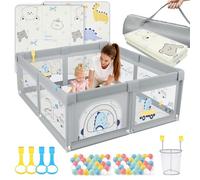 SOFTHOM Parc Bébé avec Tapis, Parc Bebe Jusqu'à 40 KG, 300D Tissu Oxford/Ventouse Base/360° Filet Respirant, Sûr Centre d'Activités pour Enfants (Dinosaure gris, 120x120x66cm)