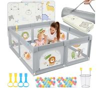 SOFTHOM Parc Bébé avec Tapis, Parc Bebe Jusqu'à 40 KG, 300D Tissu Oxford/Ventouse Base/360° Filet Respirant, Sûr Centre d'Activités pour Enfants (Lion Gris, 120x120x66cm)