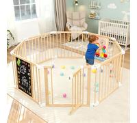 SOFTHOM Parc Bébé Bois, Grand Parc Bebe Pliable avec Porte, Déformable Parc pour Enfants, Portable, Réglable Taille&Forme, Tableau Noir, Montessori Plateau de Jeu, Sûr Centre d'Activités pour Enfants