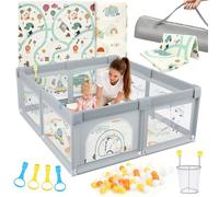 SOFTHOM Parc pour bébé 150 x 180 cm avec matelas, grand parc pour bébé avec tapis de jeu, fond antidérapant et filet respirant, aire de jeux stable et sûre, intérieur/extérieur