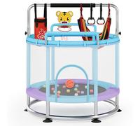 SOFTHOM Trampoline pour Enfant 150cm, Trampoline Enfant Intérieur/Extérieur, Trampoline avce Réglable Barre de Gymnastique, 250KG Capacité, Filet de Sécurité, Panier de Basket, Balançoire, Bleu violet