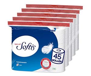 Softis Papier toilette 4 plis | Lot de 45 rouleaux (5 x 9 paquets individuels) | 100 feuilles par rouleau | Système unique de chambre douce | Emballage recyclable | Papier certifié FSC®