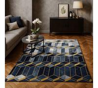 Softlyle Tapis Salon 120 x 160 cm Tapis Doux Antidérapant Poils Ras Lavable pour Chambre Salle à Manger Cuisine Art géométrique Abstrait Moderne Or Bleu Gris Noir Blanc