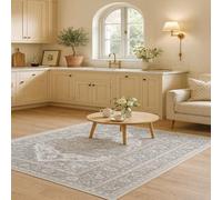 Softlyle Tapis Salon 150 x 180 cm Tapis Poils Ras Lavable Antidérapant pour Chambre Cuisine Salle à Manger Traditional Gray White