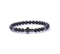 Softones Bracelet de prière extensible en pierre naturelle avec croix de 6 mm pour femme, 18 cm, 7.1 inches, Pierre Bambou Corail Pierre, Agate