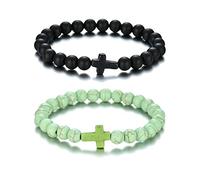 Softones Bracelet en perles de 8 mm pour homme et femme - Pierre naturelle - Bracelet de prière élastique pour femme - Cadeau d'amitié - Croix - 19,1 cm - Pierre onyx, 7.5 inches, Pierre, Onyx