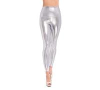 SOFTSAIL Leggings en Latex pour Femmes Taille Haute Pantalon Sexy Effet Brillant Look Mouillé Aspect Cuir, Argenté 42