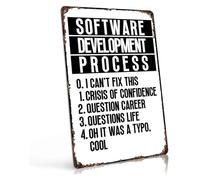 Software Development Funny Tin Sign 8x12 Inch | Coding stages humor write code fix bugs repeat vintage style