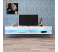 soges Meuble TV Suspendu Blanc avec Éclairage LED, Banc TV Mural avec Gestion des Cables pour Centre de Divertissement, Salon Blanc 140 x 40 x 30,5 cm