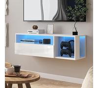 soges Meuble TV Suspendu pour Centre de Divertissement avec Lumières LED, 100cm Banc TV Mural avec Gestion des Câbles, Banc TV Blanc
