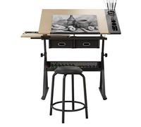 soges Table à Dessin Réglable en Hauteur de 70 à 86 cm Planche à Dessin Inclinable avec Tabouret, Tiroirs et Étagère de Rangement Bureau d'Ordinateur