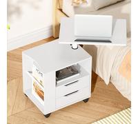 soges Table de Nuit Multifonctionnelle Chevet avec Tablette Rotative Inclinable (360°/270°) & Stockage Spacieux, Table Basse à roulettes pour Lit/Canapé, Bois Stratifié (50×40×46 cm), Blanc