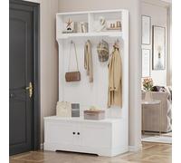 sogesfurniture Armoire d'entrée blanche avec espace de rangement, vestiaire de couloir avec étagère de rangement, banc à chaussures, 4 crochets de suspension, 2 compartiments sur le dessus pour le