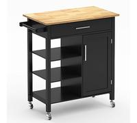 sogesfurniture Chariot de cuisine sur roulettes, îlot de cuisine mobile avec plan de travail et porte-serviettes, chariot de cuisine avec tiroir, porte, étagères, 80 x 47 x 115 cm, noir