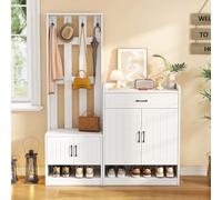 sogesfurniture Ensemble de porte-manteaux blancs avec 4 crochets, 2 armoires à chaussures avec portes, kit de changement de chaussures multifonctionnel pour couloir et entrée, 140,6 x 30,5 x 180 cm