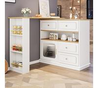 sogesfurniture Table de bar extensible avec grand espace de rangement - Table de bistrot avec plateau rotatif - 3 étagères - 125-181 x 39 x 104,5 cm - Blanc